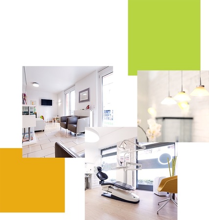 Helles, modernes Wartezimmer und Behandlungsraum in einer Zahnarztpraxis mit freundlicher Atmosphäre.