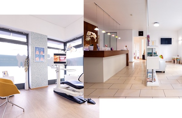 Moderne Zahnarztpraxis mit Behandlungsstuhl, Empfangsbereich und Wartezimmer.